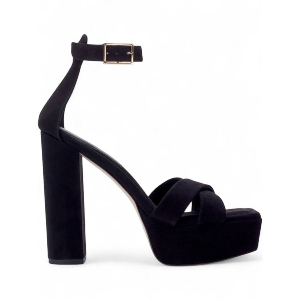 Black Suede Platform Block Heel Sandal Square Toe Ankle Strap Size 10.5 NEW
